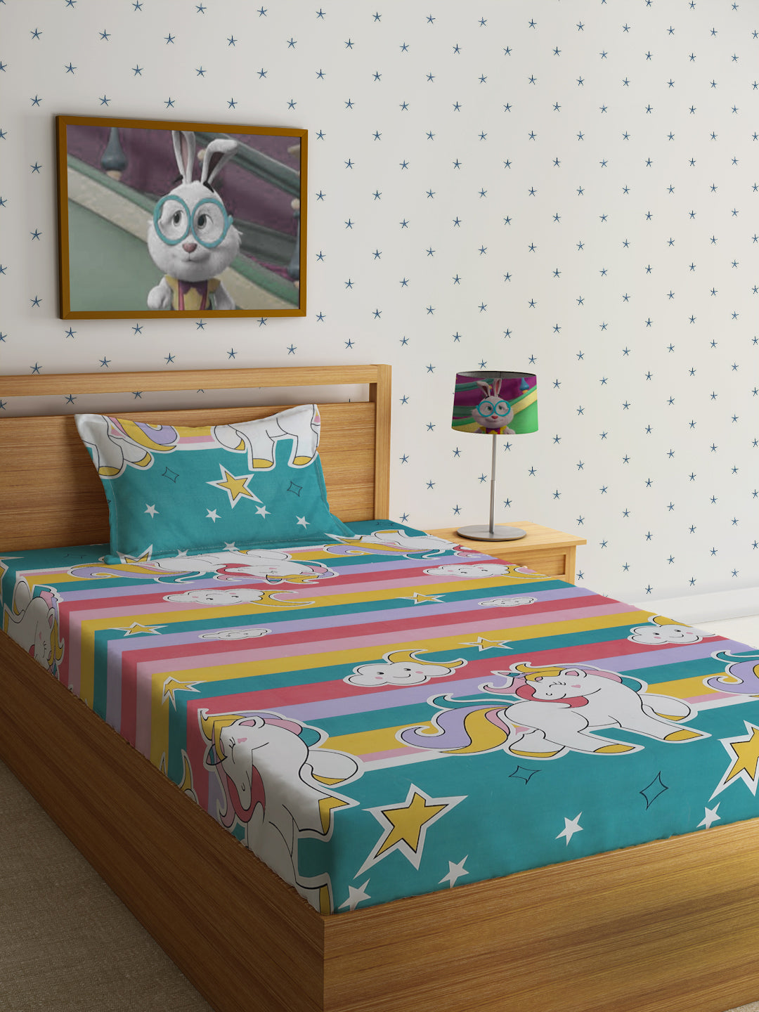 Hosta Homes Unicorn Star Printed Multicolored Bedsheet With Pillow Covers - Single Size image