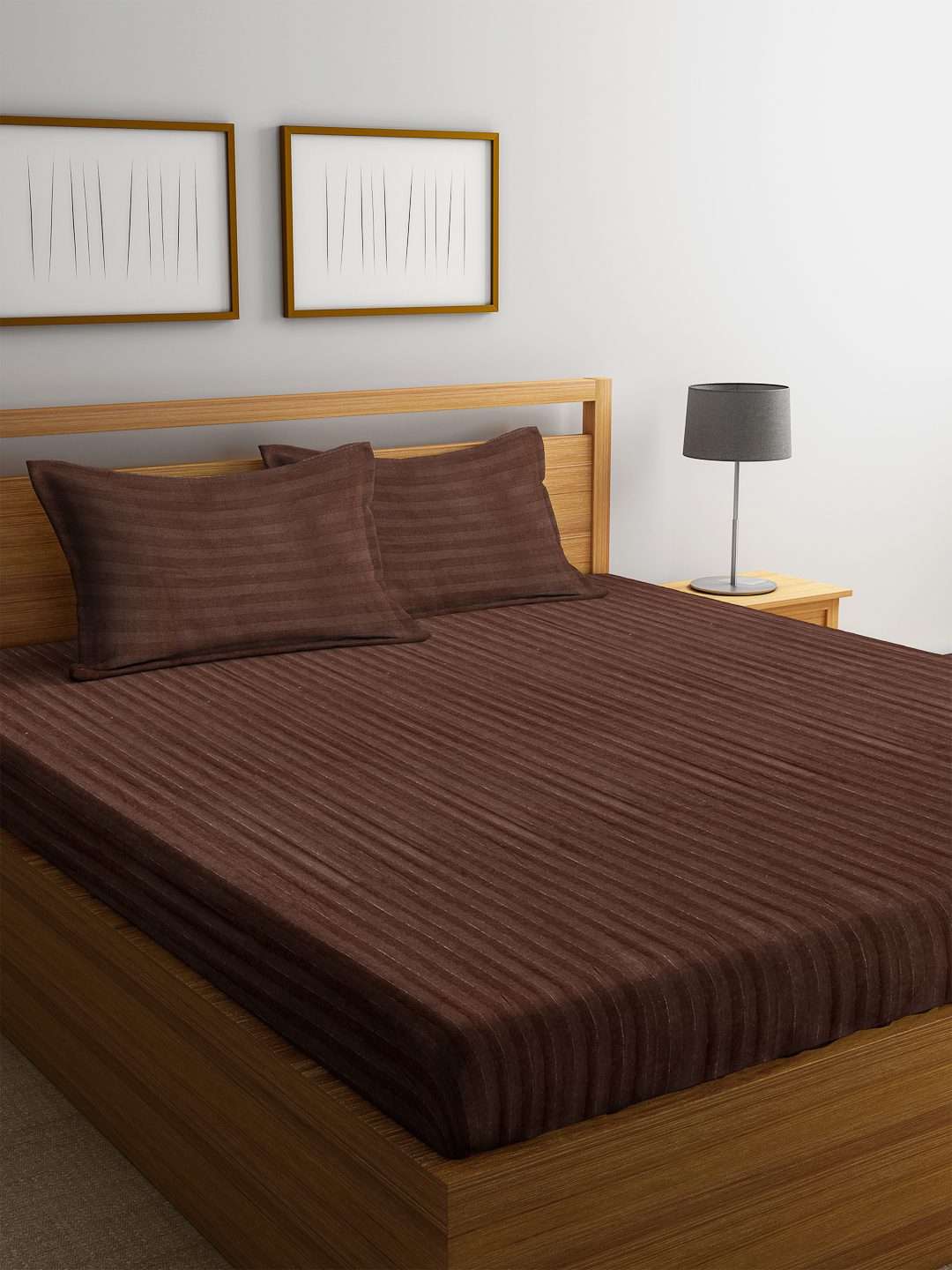 HOSTA HOMES Brown Striped 300TC Bedsheet With Pillow Covers - King Size image