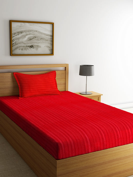 HOSTA HOMES Red Striped 300 TC Cotton Fitted Bedsheet with Pillow Covers - Single Size image