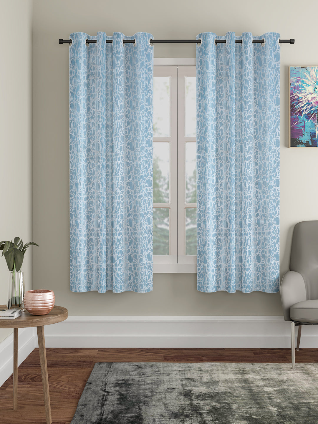 Self-Textured Geometric Pattern Polyester Curtains - Window & Door Size - 6x4, Pack of 2 image