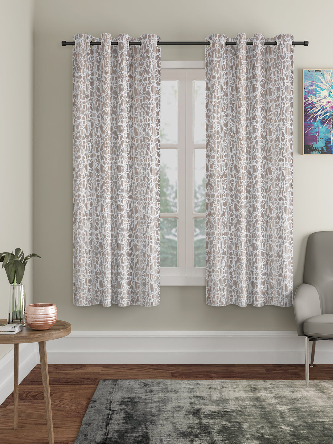 Self-Textured Geometric Pattern Polyester Curtains - Window & Door Size - 5x4, Pack of 2 image