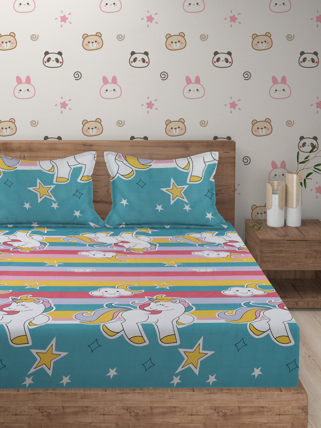 Hosta Homes Unicorn Star Printed Multicolored Bedsheet With Pillow Covers image 1