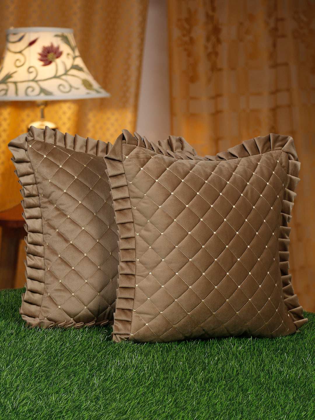 SOFT QUILTED VELVET FRILLED CUSHION COVERS - Pack of 2 image
