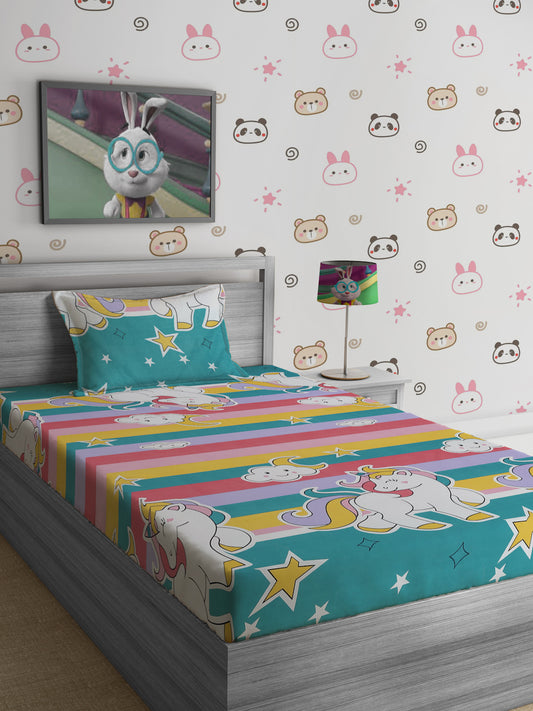 Hosta Homes Unicorn Star Printed Multicolored Bedsheet With Pillow Cover image 0