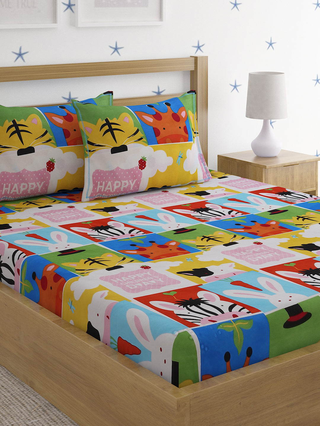 Hosta Homes Jungle Buddies Multicolored Bed Sheet With Pillow Covers - Queen Size image