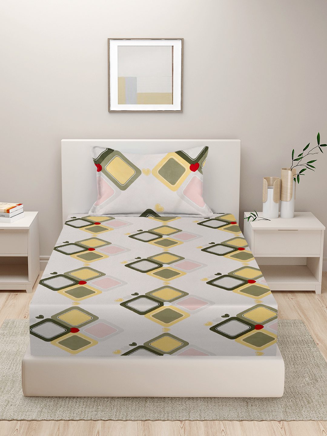 280 TC GEOMETRIC DESIGN MULTICOLOR SINGLE BED SHEET WITH 1 PILLOW COVER BY HOSTA HOMES image 1