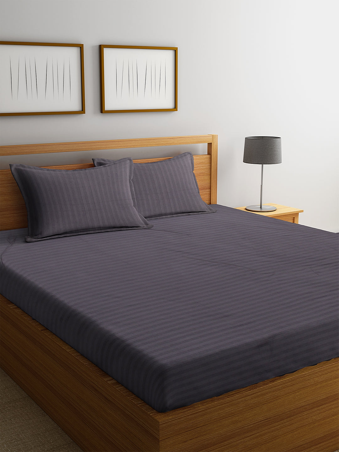 HOSTA HOMES Grey Striped 300 TC Cotton Bedsheet with Pillow Covers image 0