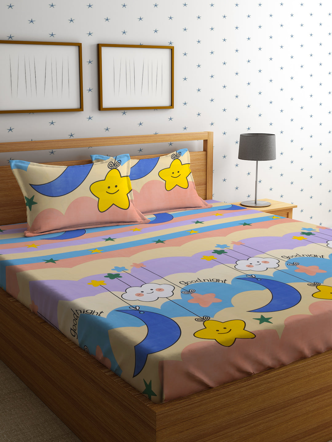 Hosta Homes Smiley Star Cloud Printed Multicolored Bedsheet With Pillow Covers - Queen Size image