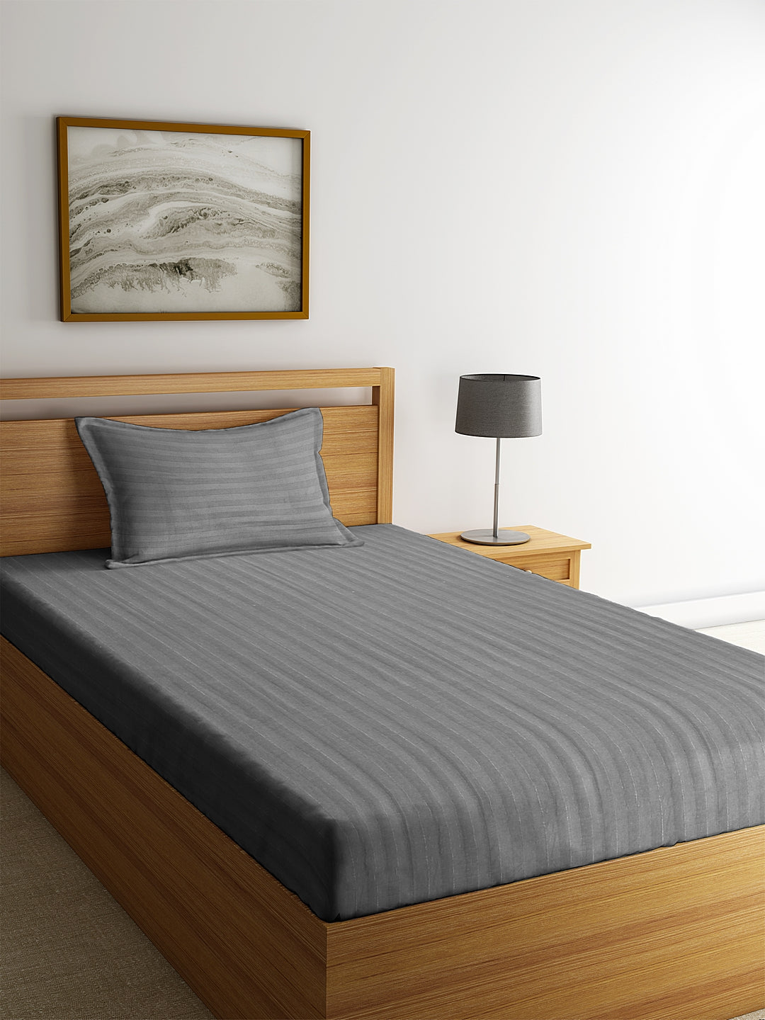 HOSTA HOMES Grey Striped 300 TC Cotton Bedsheet with Pillow Covers - Single Size image