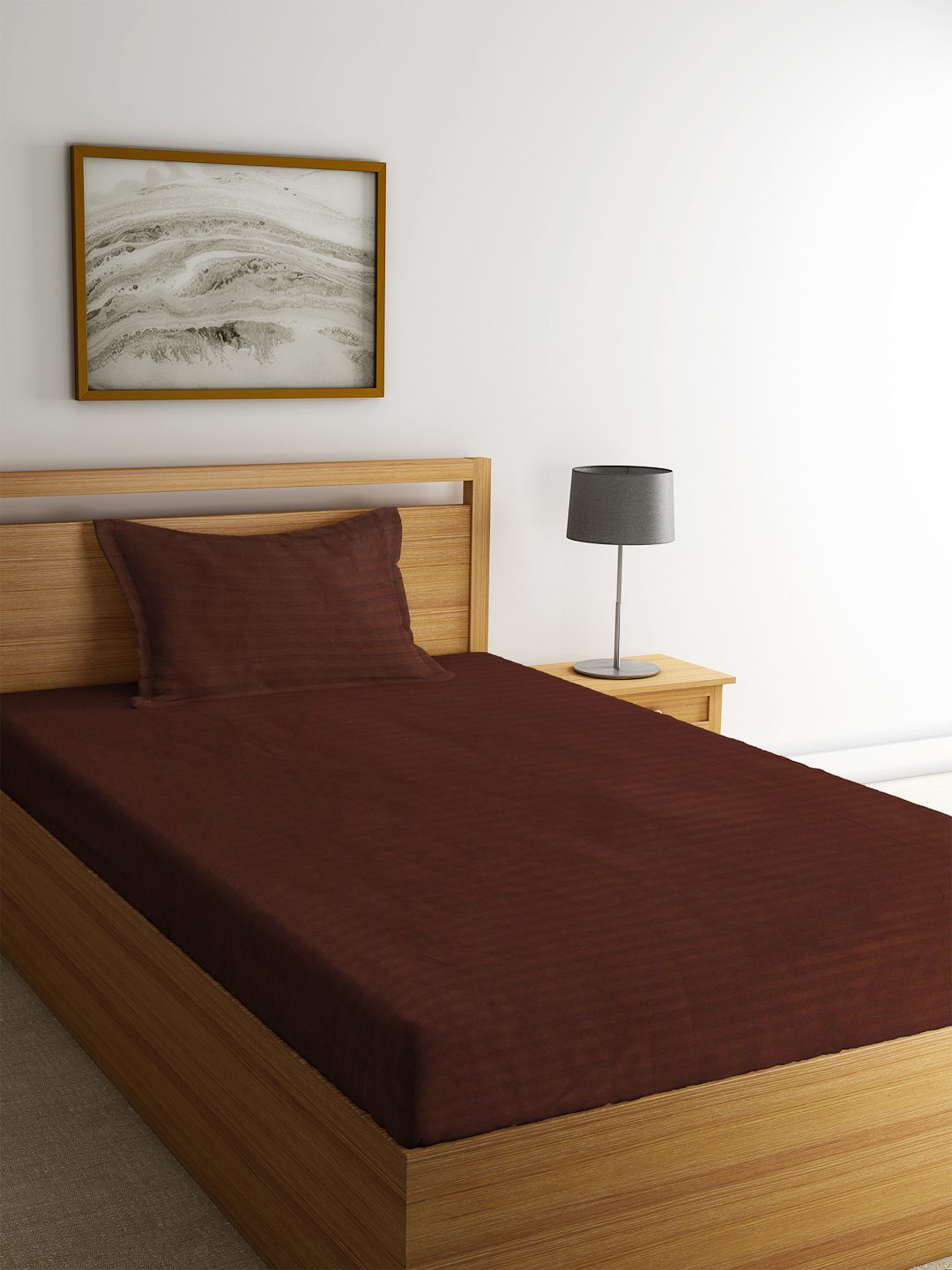 HOSTA HOMES Brown Striped 300TC Bedsheet With Pillow Covers - Single Size image
