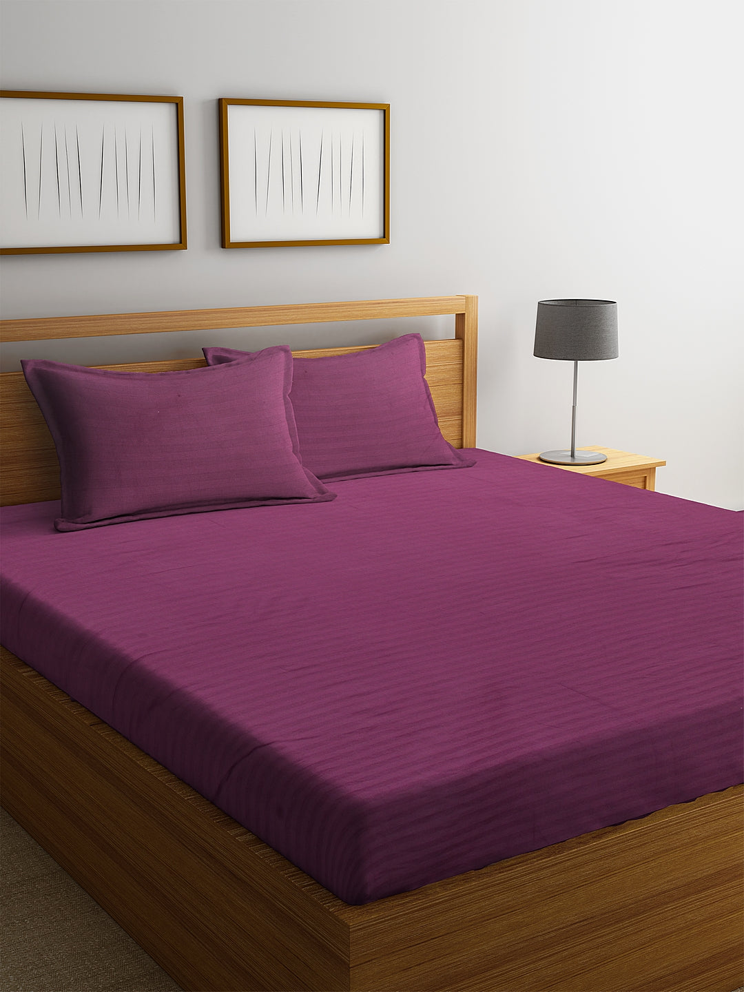 HOSTA HOMES Purple Striped 300 TC Cotton Bedsheet with Pillow Covers - King Size image