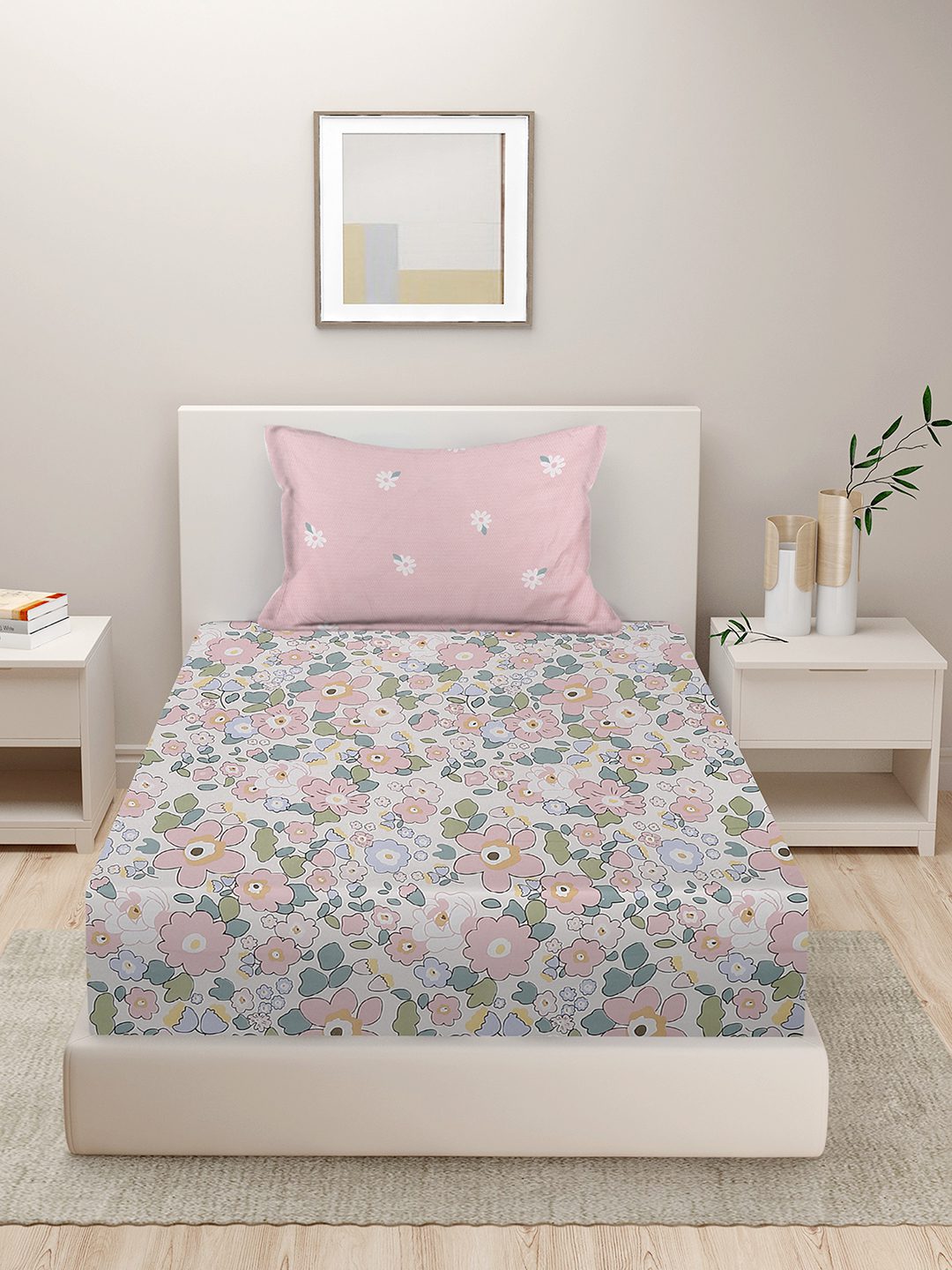 280 TC FLORAL DESIGN MULTICOLOR SINGLE SIZE BED SHEET WITH 1 PILLOW COVER BY HOSTA HOMES image 1