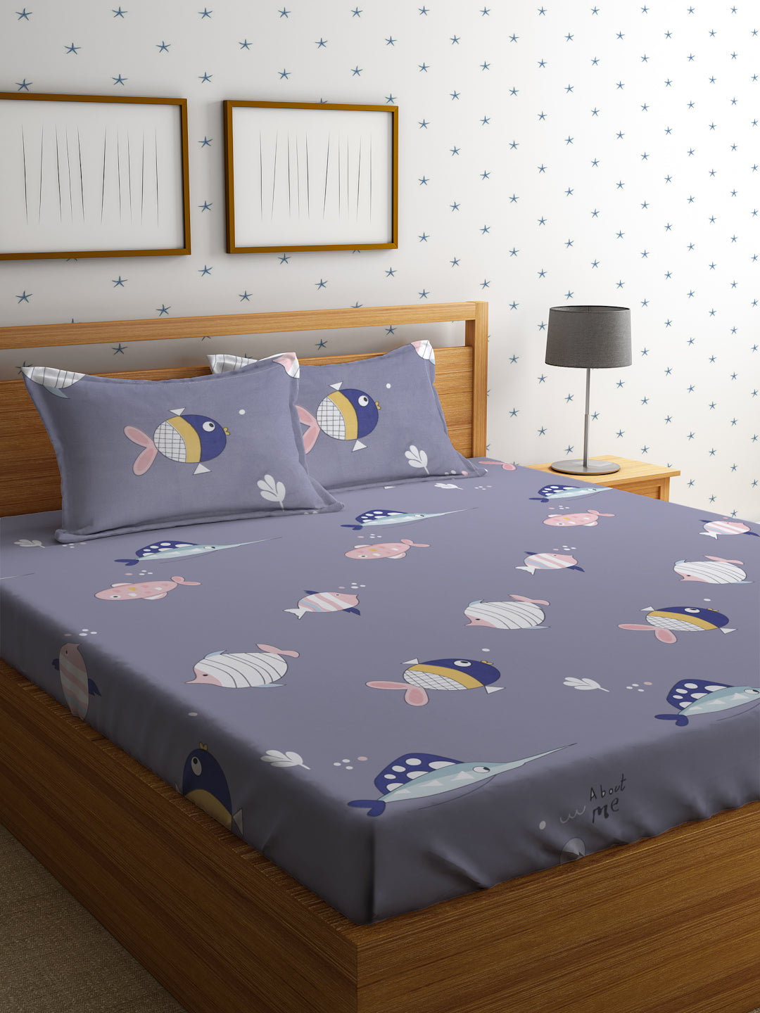 Hosta Homes Cute Mini Fish Printed Multicolored Bed Sheet With Pillow Covers - Queen Size image