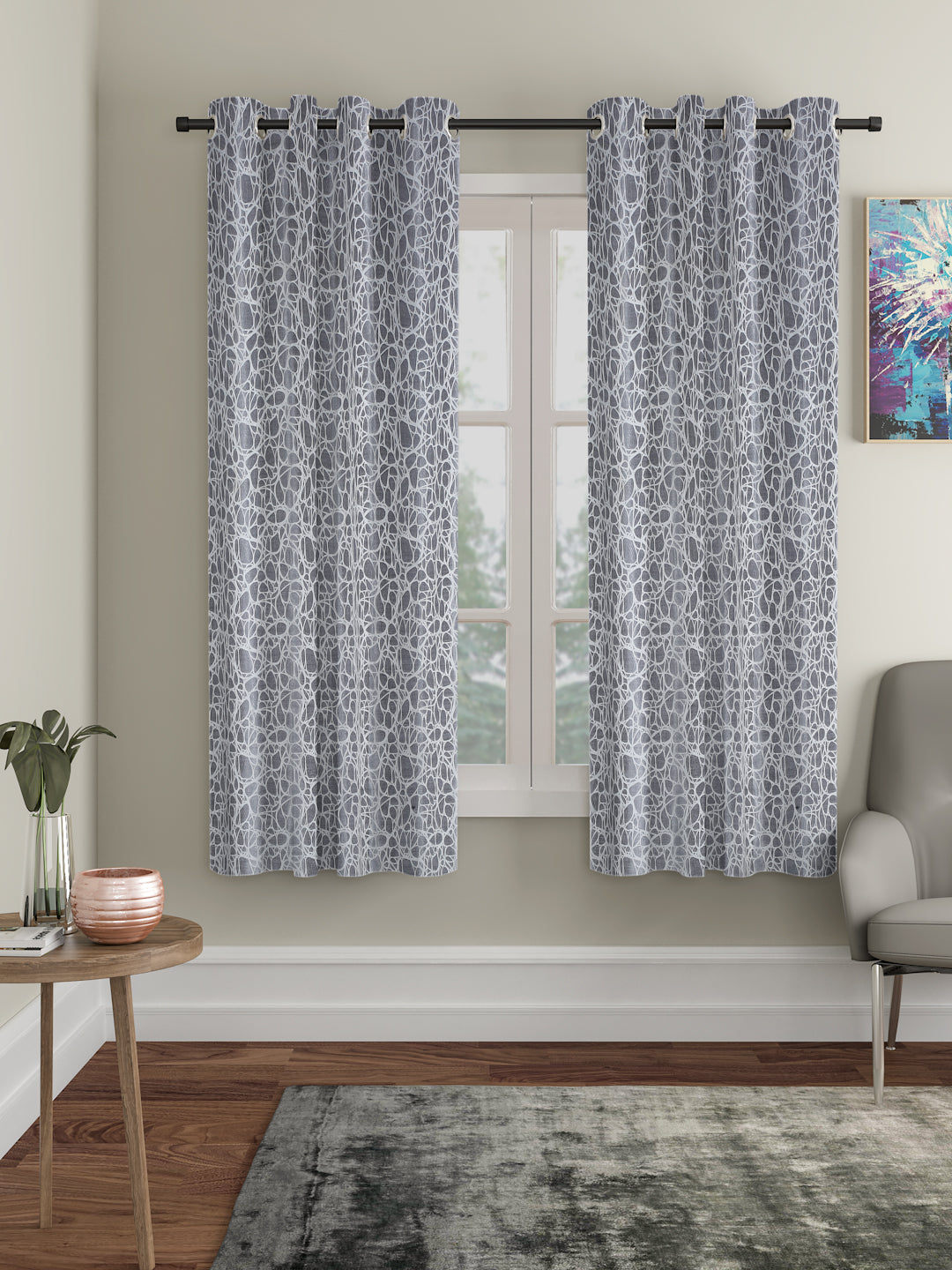 Self-Textured Geometric Pattern Polyester Curtains - Window & Door Size - 6x4, Pack of 2 image