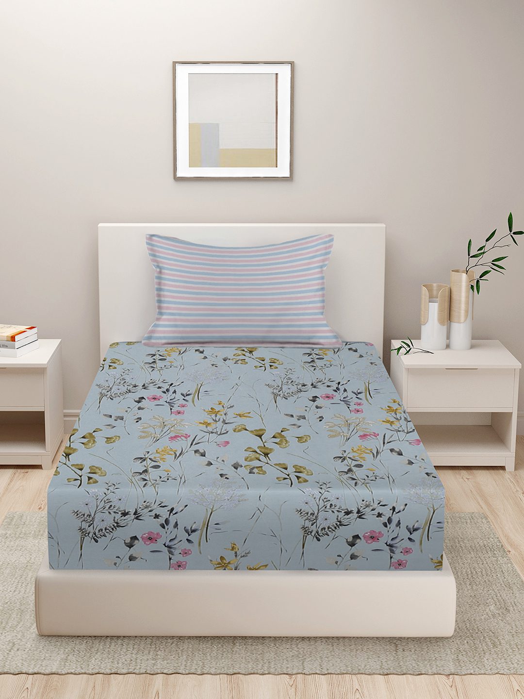 280 TC GEOMETRIC DESIGN MULTICOLOR SINGLE BED SHEET WITH 1 PILLOW COVER BY HOSTA HOMES image 1