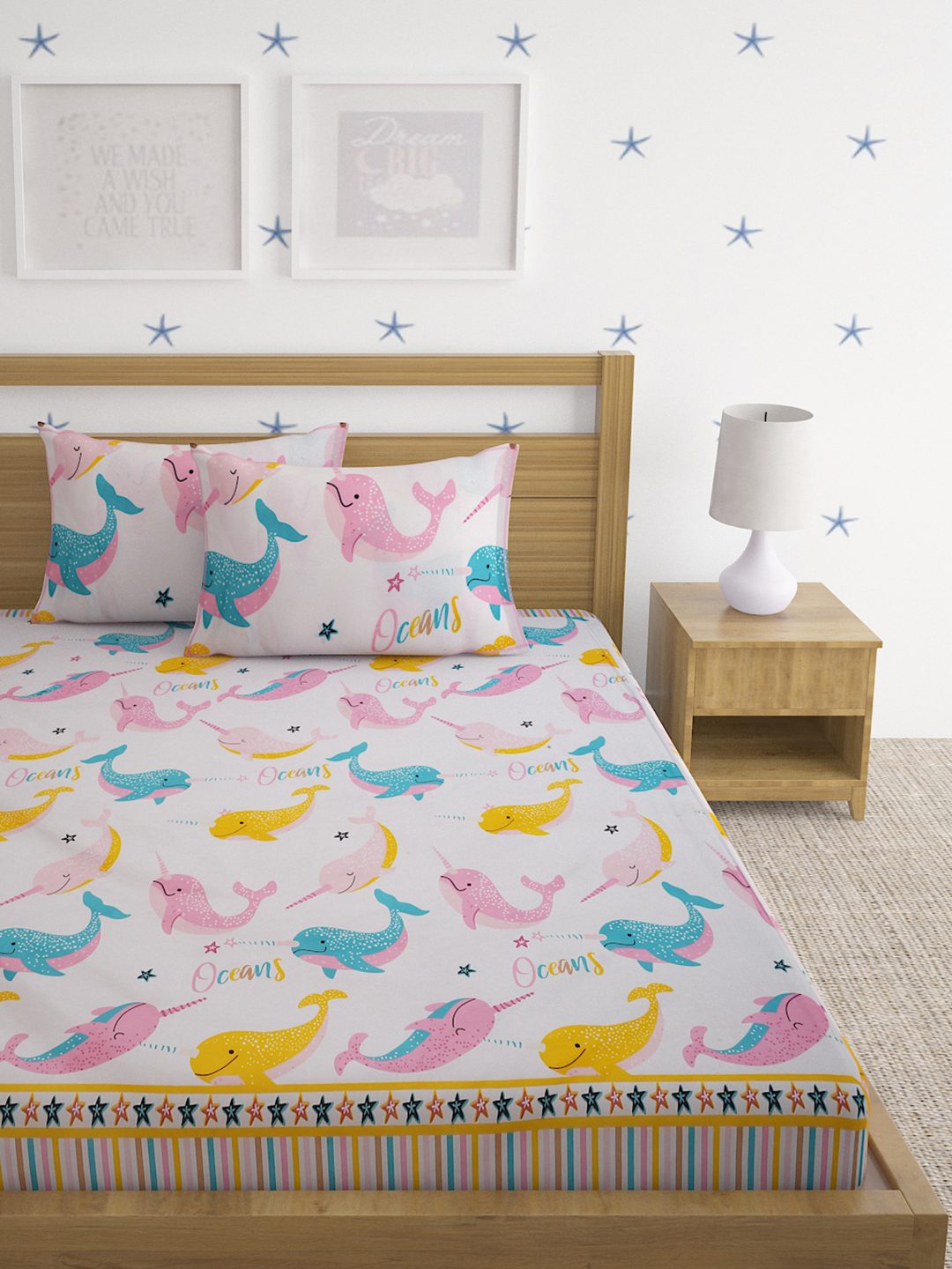Hosta Homes Dolphin Star Multicolored Kids Bed Sheet With Pillow Covers image 1