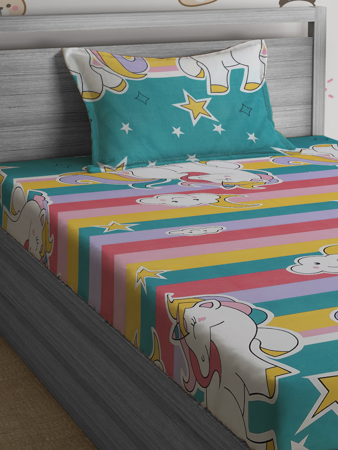 Hosta Homes Unicorn Star Printed Multicolored Bedsheet With Pillow Cover image 2