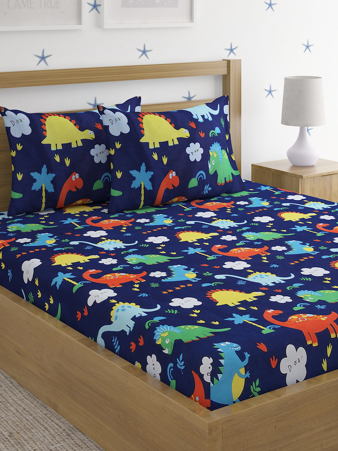 Hosta Homes Dino World Multicolored Kids Bed Sheet With Pillow Covers - Queen Size image