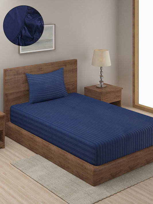 HOSTA HOMES Blue Striped 300 TC Cotton Fitted Bedsheet with Pillow Covers - Single Size image