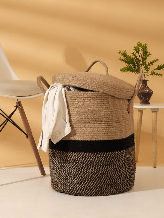 JUTE COTTON HAND WOVEN LAUNDRY HAMPER WITH COVER BY HOSTA HOMES image 0