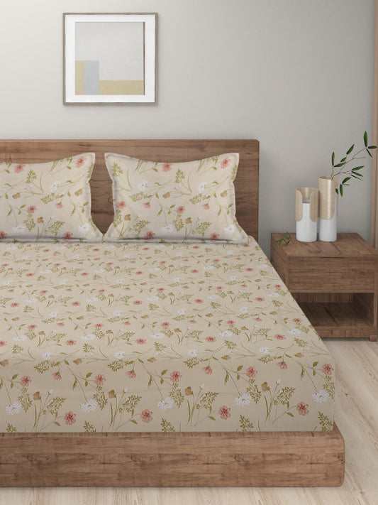 Beige Floral Polycotton 300 TC King Fine Bedsheet with 2 Pillow Covers-108 x 108 inches