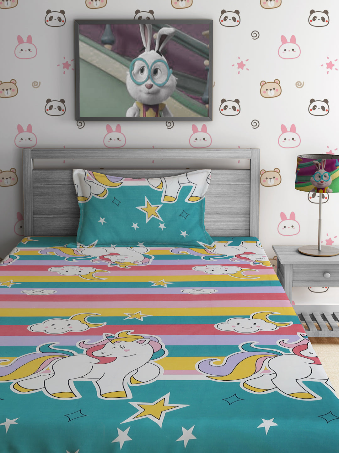 Hosta Homes Unicorn Star Printed Multicolored Bedsheet With Pillow Cover image 1