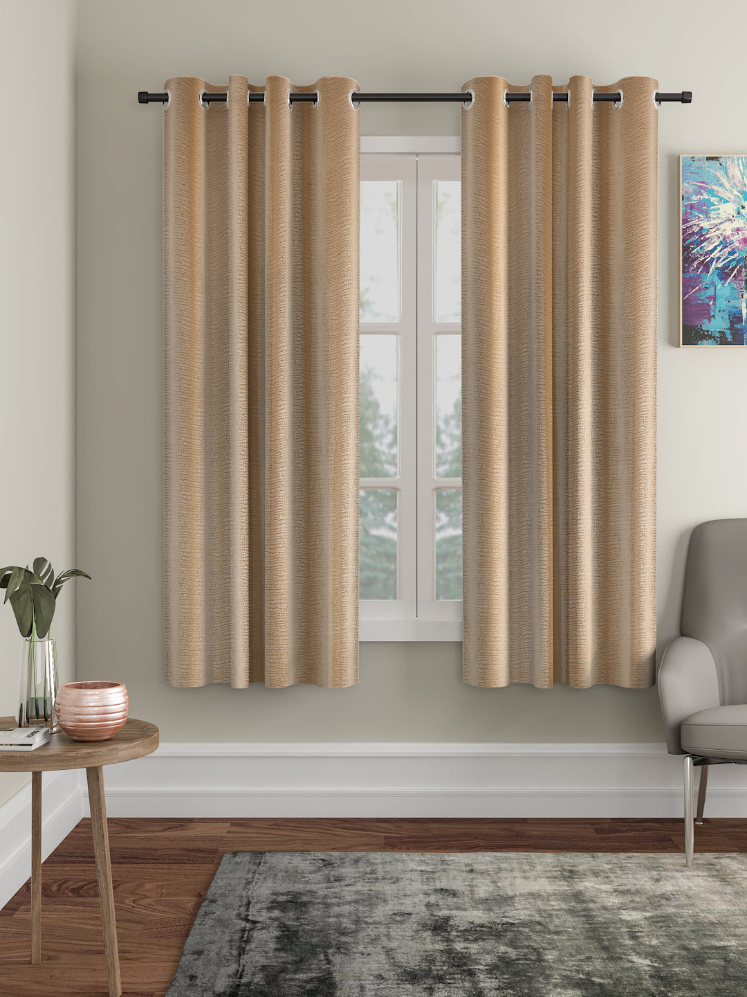 Beige Self Design Eyelet Blackout Window Curtains Set of 2 image 0