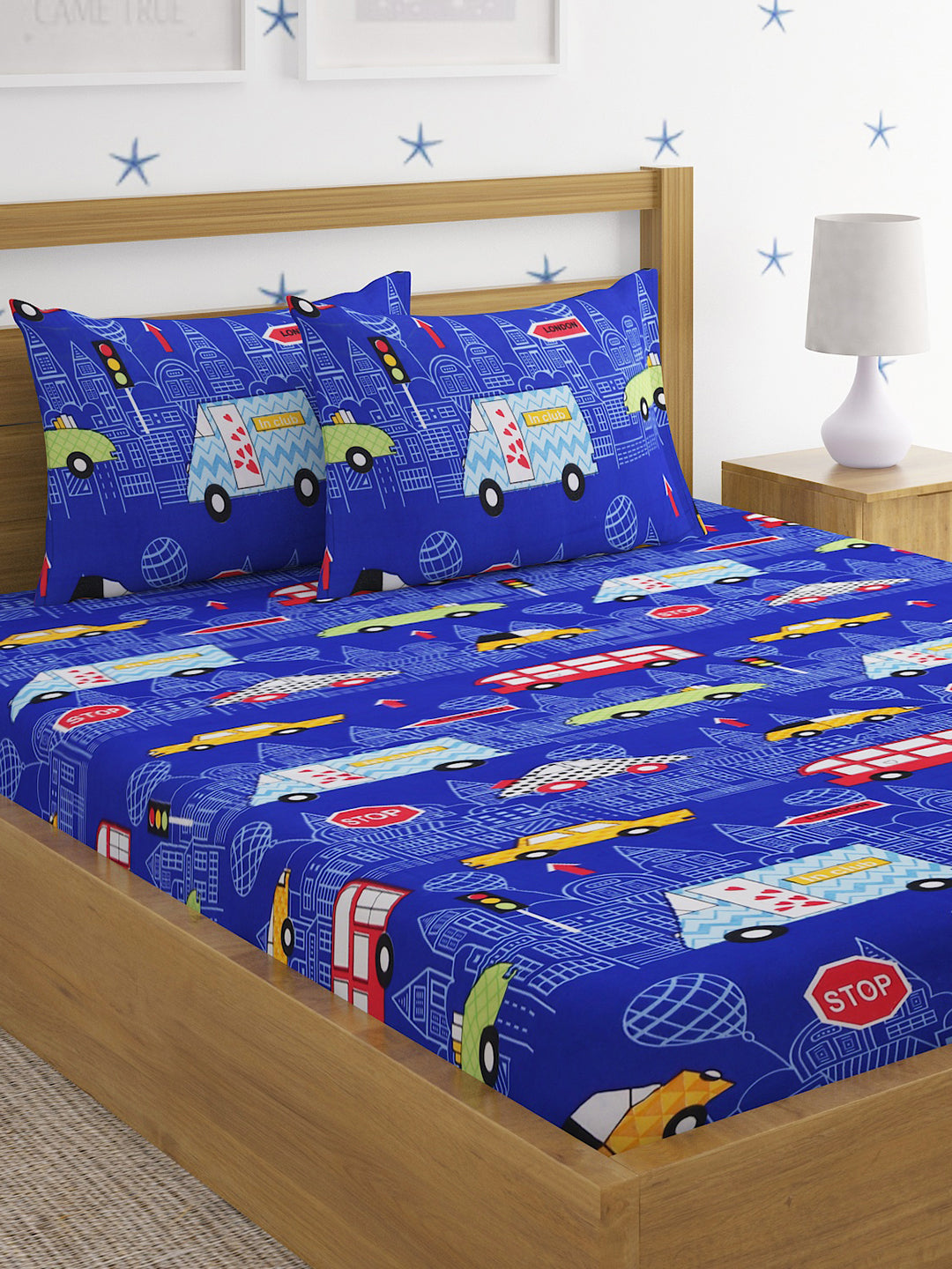 Hosta Homes Cute Cartoon Traffic Light Printed Bed Sheet With Pillow Covers - Queen Size image