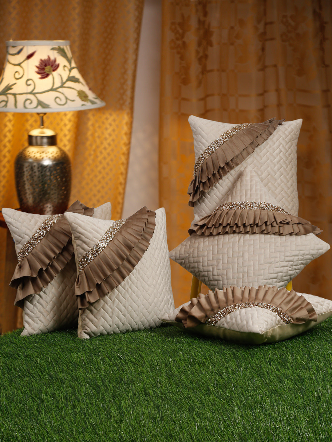 Quilted Velvet Frill Cushion Covers with Zipper - 16" x 16", Pack of 5 image