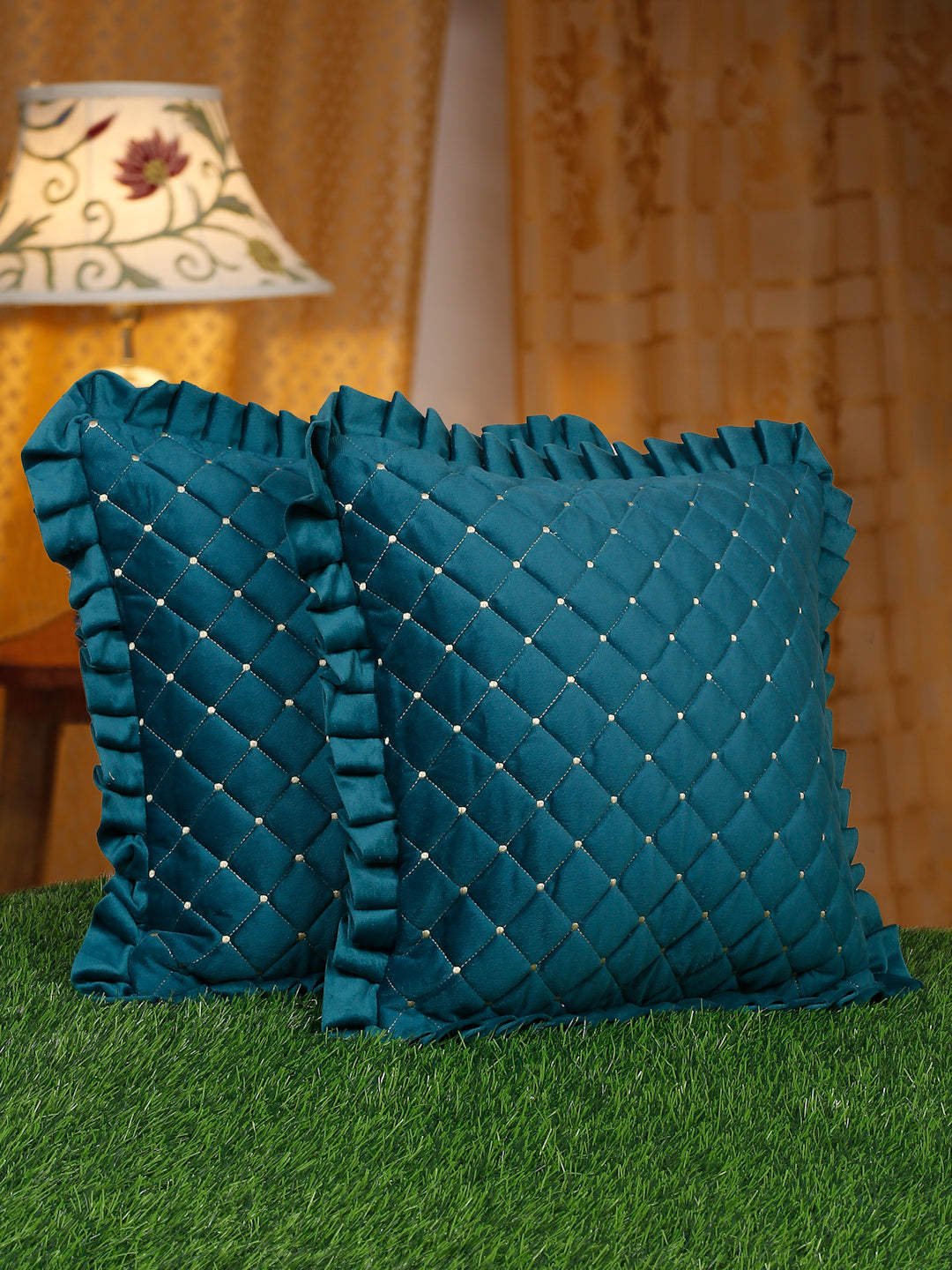 SOFT QUILTED VELVET FRILLED CUSHION COVERS - Pack of 2 image