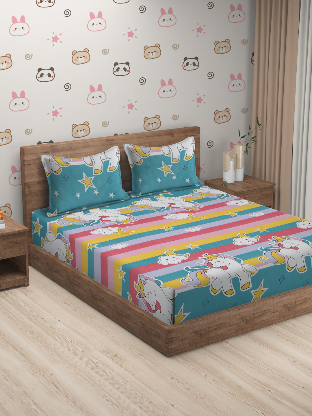 Hosta Homes Unicorn Star Printed Multicolored Bedsheet With Pillow Covers image 0