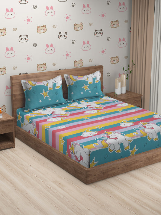 Hosta Homes Unicorn Star Printed Multicolored Bedsheet With Pillow Covers image 0