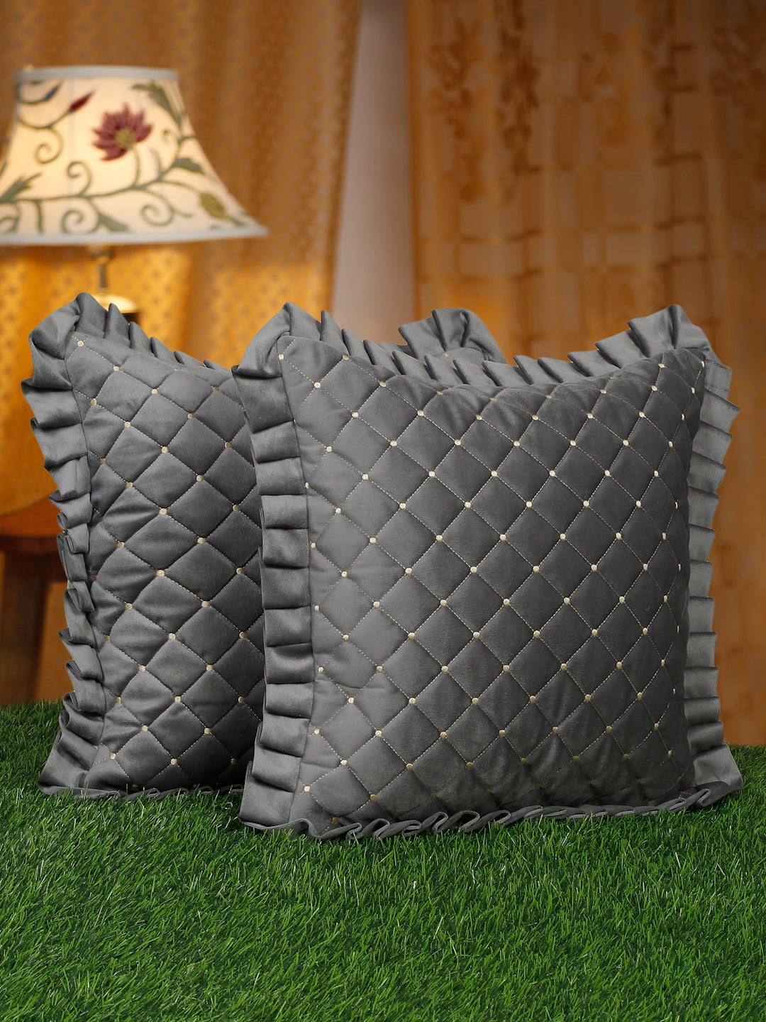 SOFT QUILTED VELVET FRILLED CUSHION COVERS - Pack of 2 image