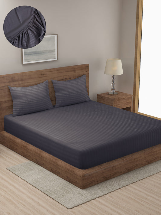 HOSTA HOMES Grey Striped 300 TC Cotton Fitted Bedsheet with Pillow Covers image 0