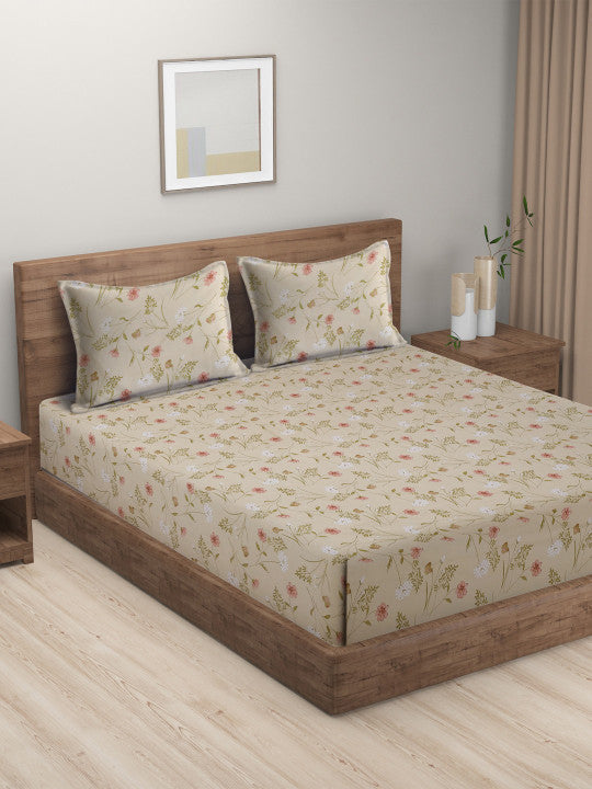 Beige Floral Polycotton 300 TC King Fine Bedsheet with 2 Pillow Covers-108 x 108 inche