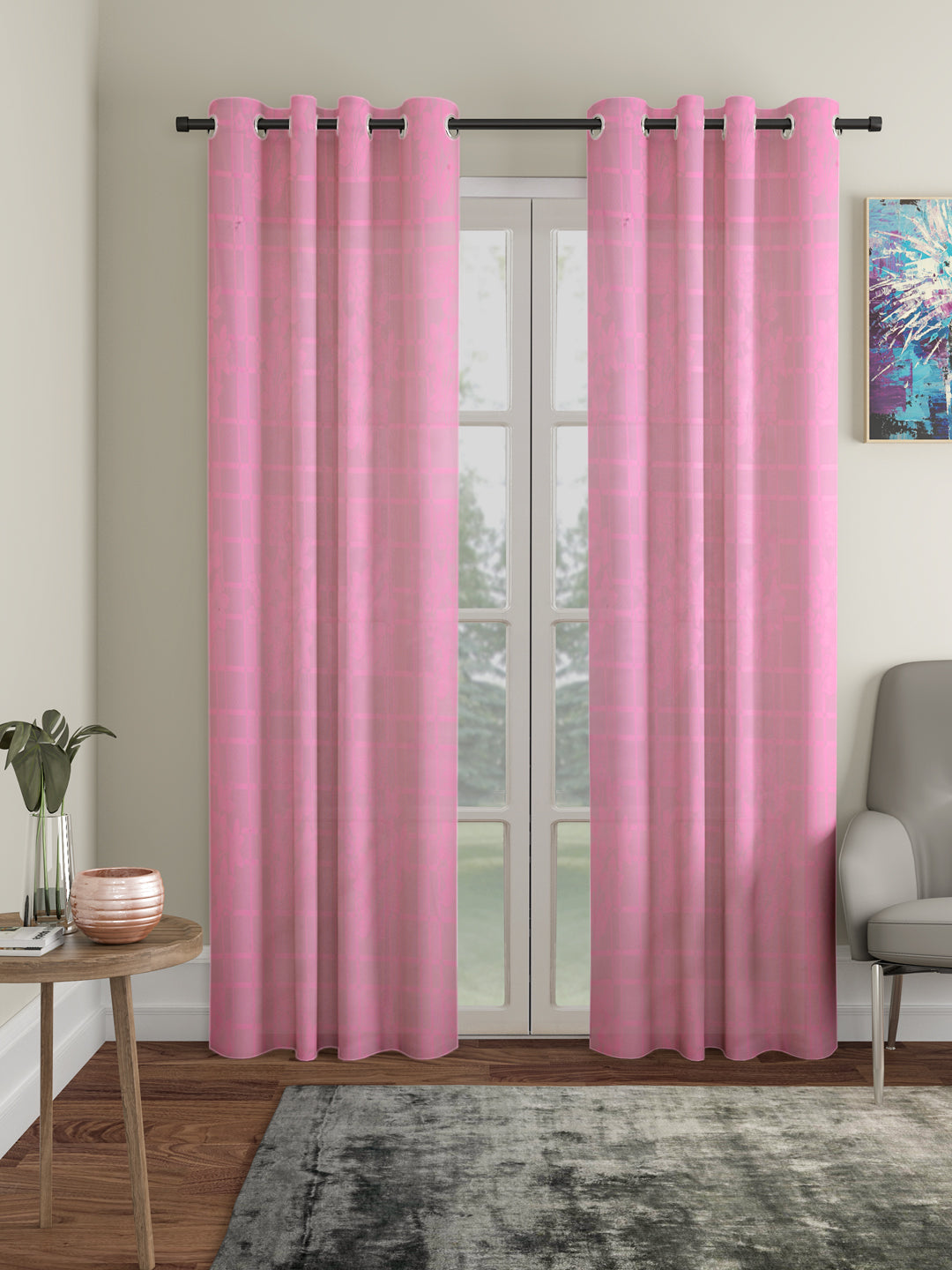 Checkered Floral Design Door Curtain Pack of 2 image 0