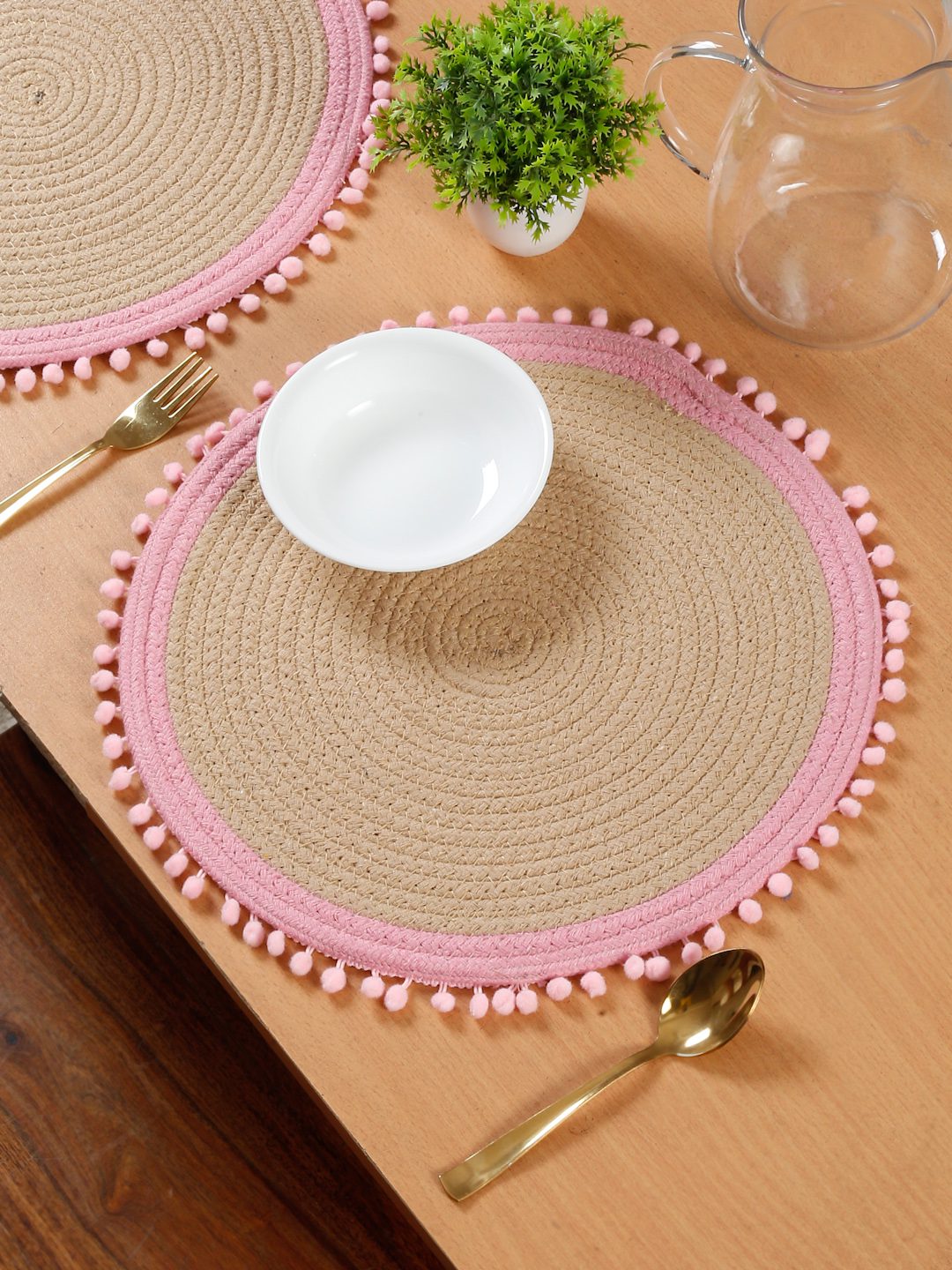 Beige & Pink Self Design Pure Cotton Table Placemat image 0