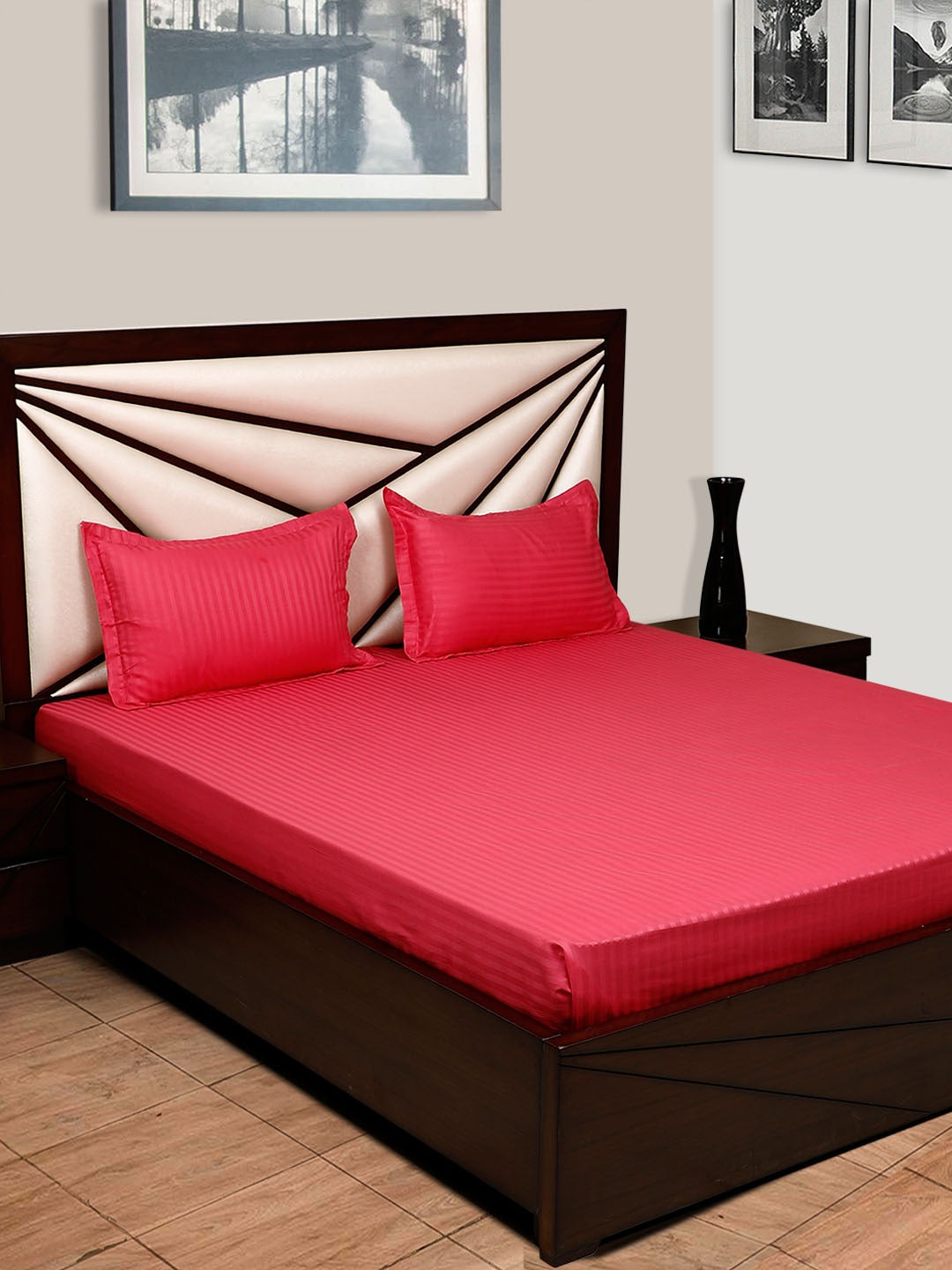 HOSTA HOMES Red Striped 300 TC Cotton Fitted Bedsheet with Pillow Covers image 0