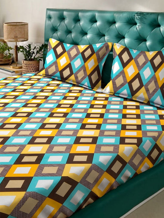 Blue Geometric Cotton 300 TC King Fine Bedsheet with 2 Pillow Covers-100 x 106 inches