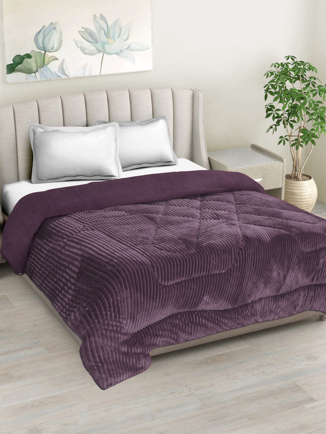 Purple Luxury Microfibre Filled Ultra Soft Embossed Sherpa Double Bed Quilt