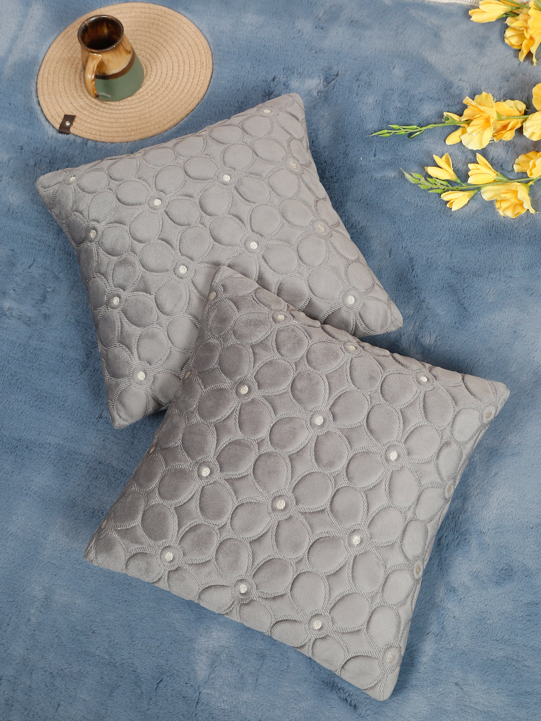 Soft Velvet Self pattern Floral Cushion Covers ( 16 x 16 inch )