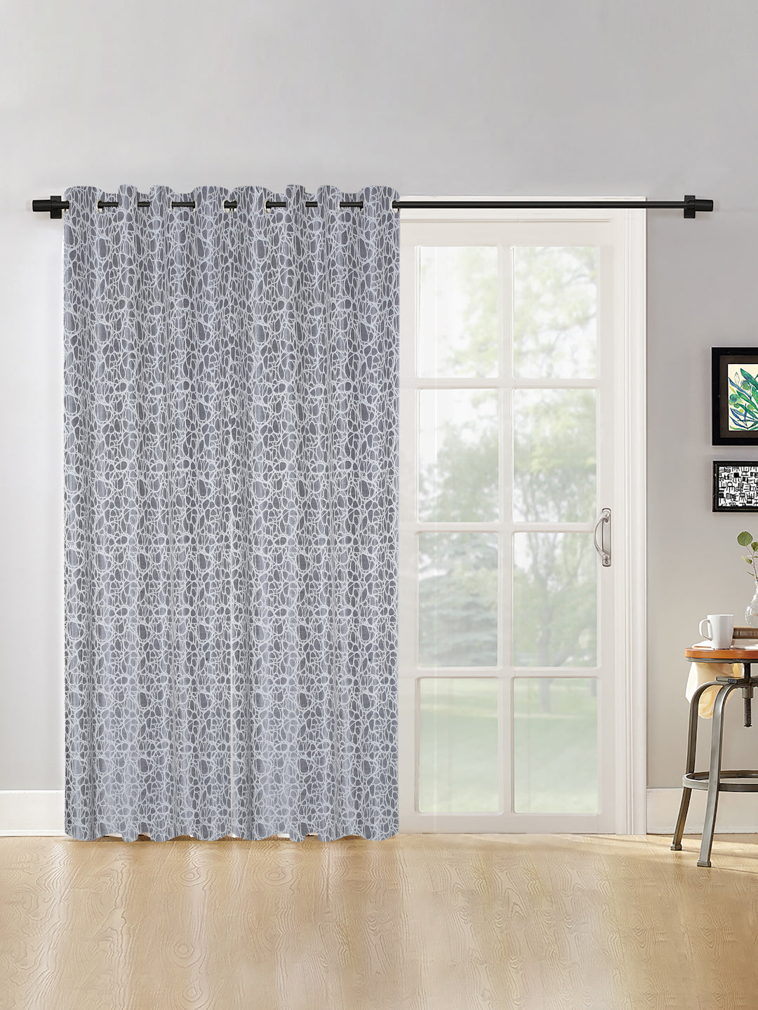 Self-Textured Geometric Pattern Polyester Curtains - Window & Door Size - 8x4, Pack of 2 image