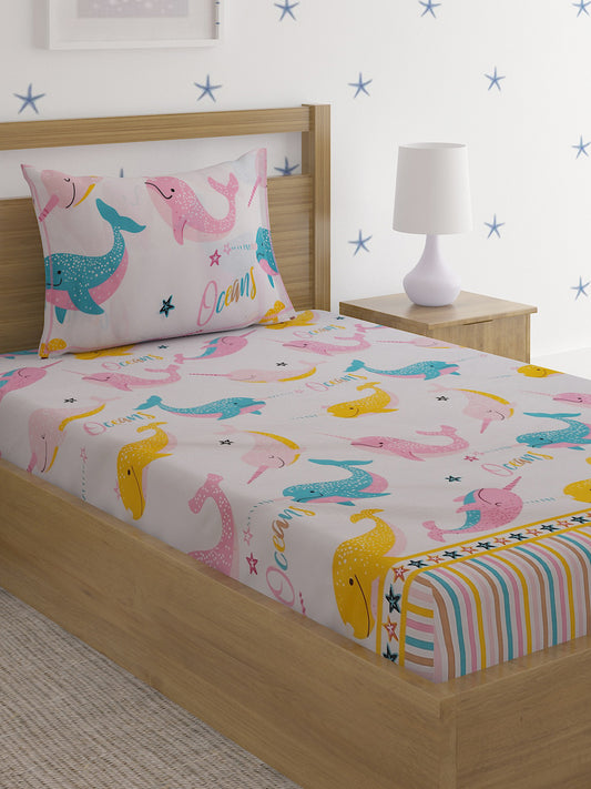 Hosta Homes Dolphin Star Multicolored Kids Bed Sheet With Pillow Cover image 0