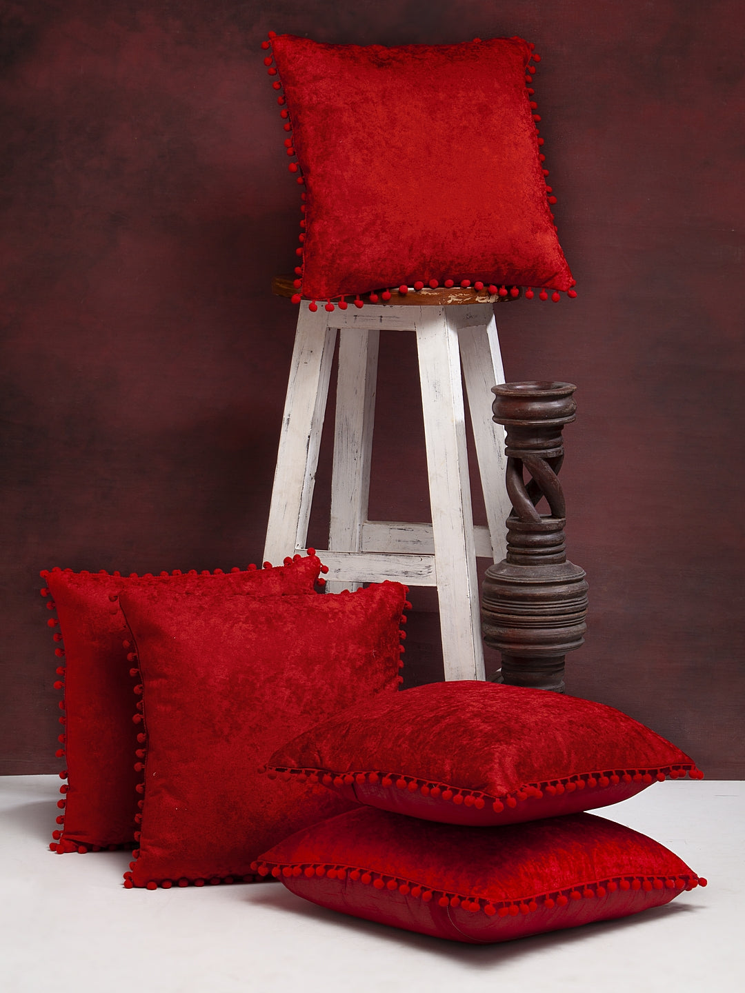 Red Pom Pom Velvet Cushion Covers Set of 5 image 0