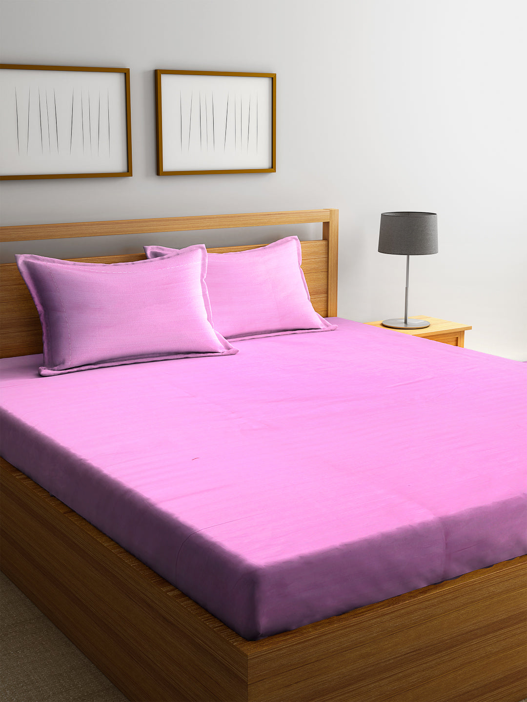 HOSTA HOMES Pink Solid Pure Cotton 300 TC Bedsheet With Pillow Covers - King Size image