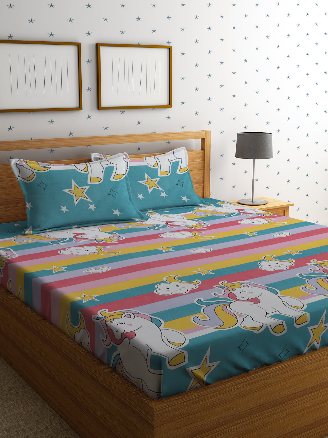 Hosta Homes Unicorn Star Printed Multicolored Bedsheet With Pillow Covers - Queen Size image