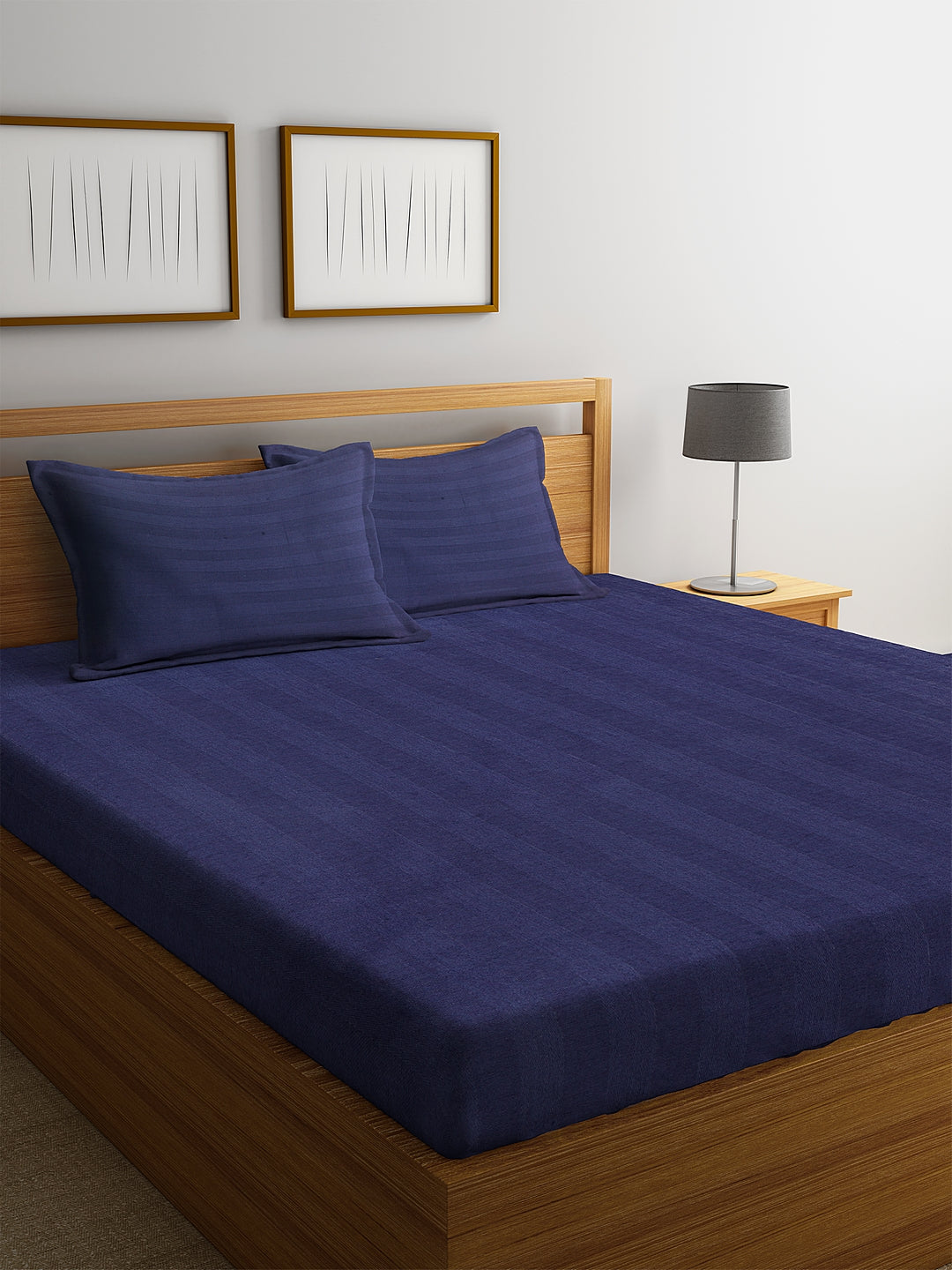 HOSTA HOMES Navy Blue Abstract 300 TC Cotton 1 King Bedsheet with 2 Pillow Covers - King Size image