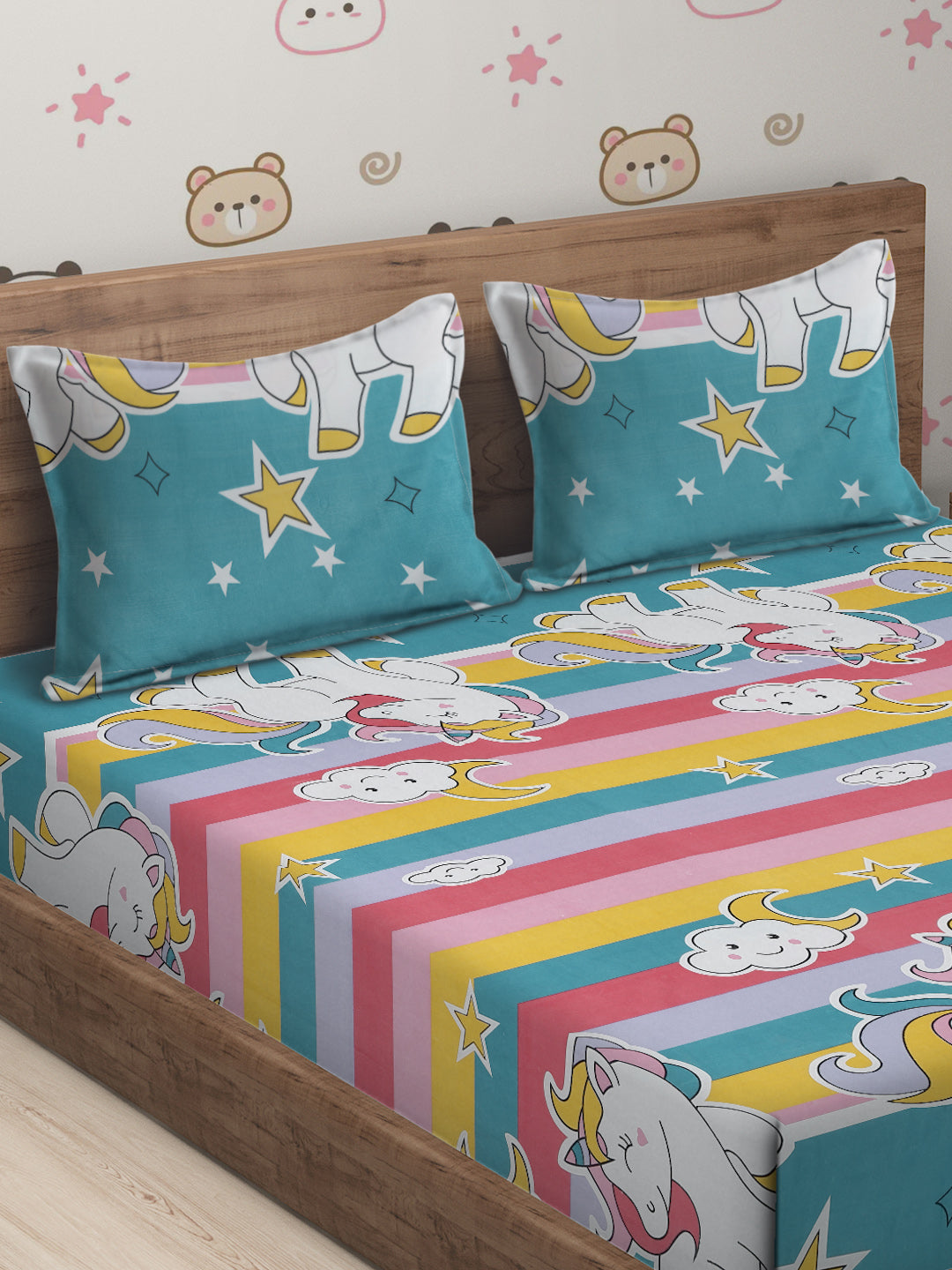Hosta Homes Unicorn Star Printed Multicolored Bedsheet With Pillow Covers image 2