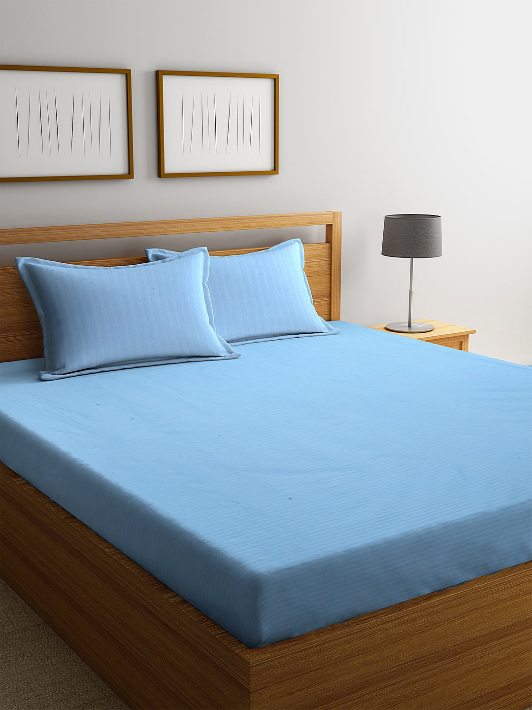 HOSTA HOMES Turquoise Blue Striped 300 TC Cotton Bedsheet with Pillow Covers - King Size image