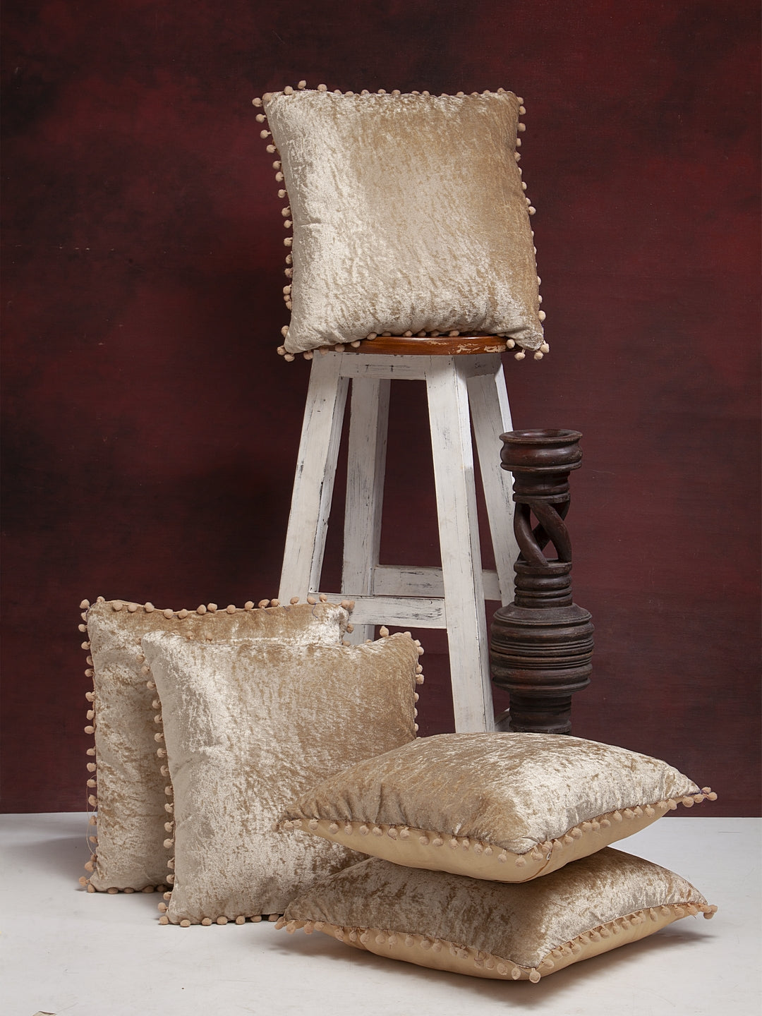 Beige Solid Velvet Cushion Covers Set of 5 with Pom Pom image 0